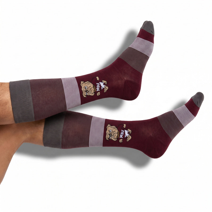 MSU Bulldawg Dress socks styled product shot, showing the Bulldog mascot on maroon with gray colorblocking