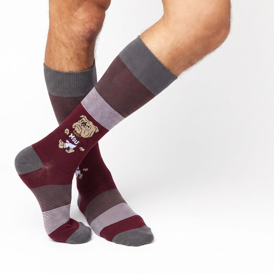 MSU Bulldawg Dress socks styled second angle, showing the Bulldog mascot on maroon with gray colorblocking