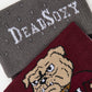 MSU Bulldawg Dress socks close welt and cuff detail, showing the Bulldog mascot on maroon with gray colorblocking