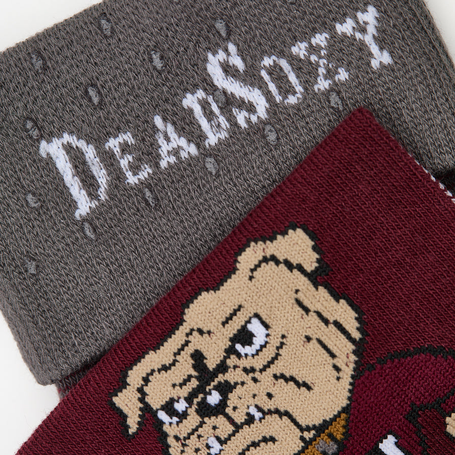 MSU Bulldawg Dress socks close welt and cuff detail, showing the Bulldog mascot on maroon with gray colorblocking