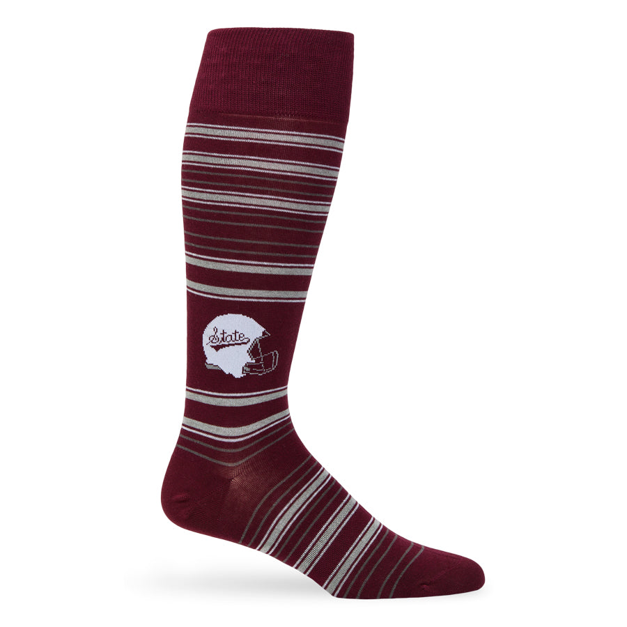 MSU Helmet Dress socks worn, showing the State-script football helmet and fine striping on maroon