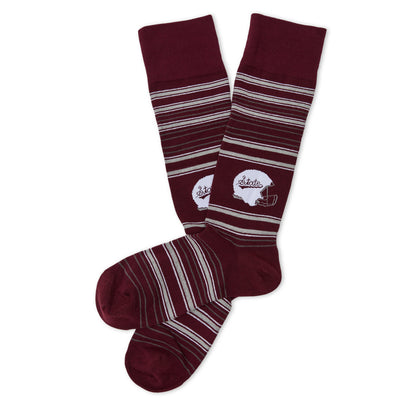 MSU Helmet Dress socks laid flat, showing the State-script football helmet and fine striping on maroon