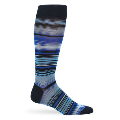 Blue striped dress sock displayed upright against white background.