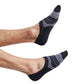 black and grey stripe socks no show on legs coming in from the left of the screen