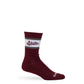 MSU Retro Script Casual socks worn, showing the State script on a white band across a maroon crew