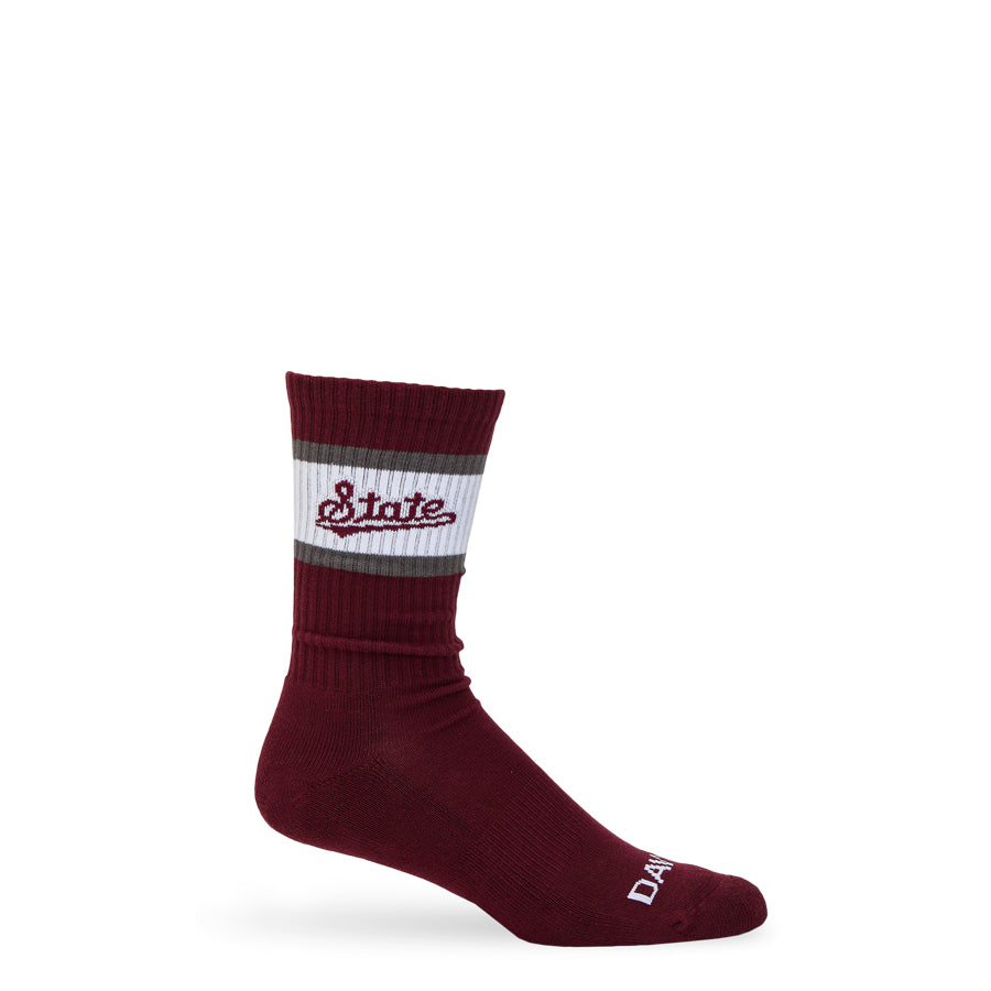 MSU Retro Script Casual socks worn, showing the State script on a white band across a maroon crew