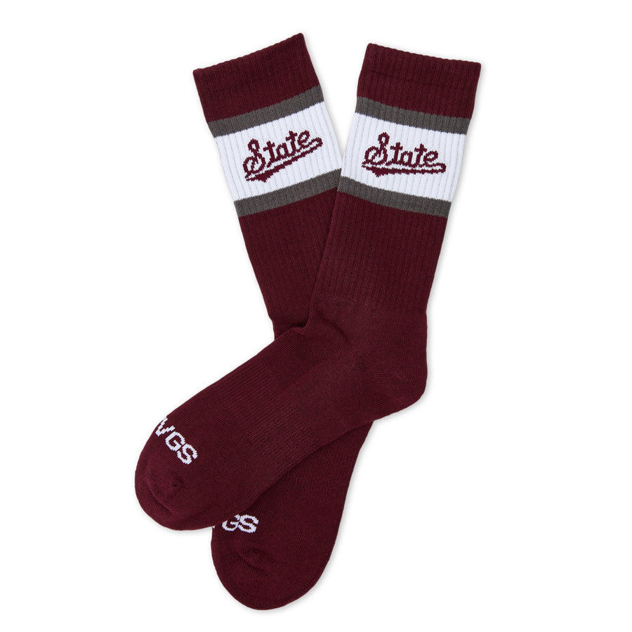 MSU Retro Script Casual socks laid flat, showing the State script on a white band across a maroon crew