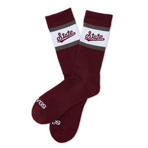 MSU Retro Script Casual socks laid flat, showing the State script on a white band across a maroon crew