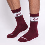 MSU Retro Script Casual socks styled second angle, showing the State script on a white band across a maroon crew