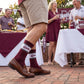 MSU Retro Script Casual socks worn standing, showing the State script on a white band across a maroon crew