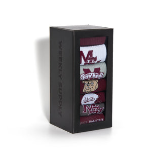 MSU Weekly Sply 7-Pack socks bundle shot, showing all seven Mississippi State socks in the box