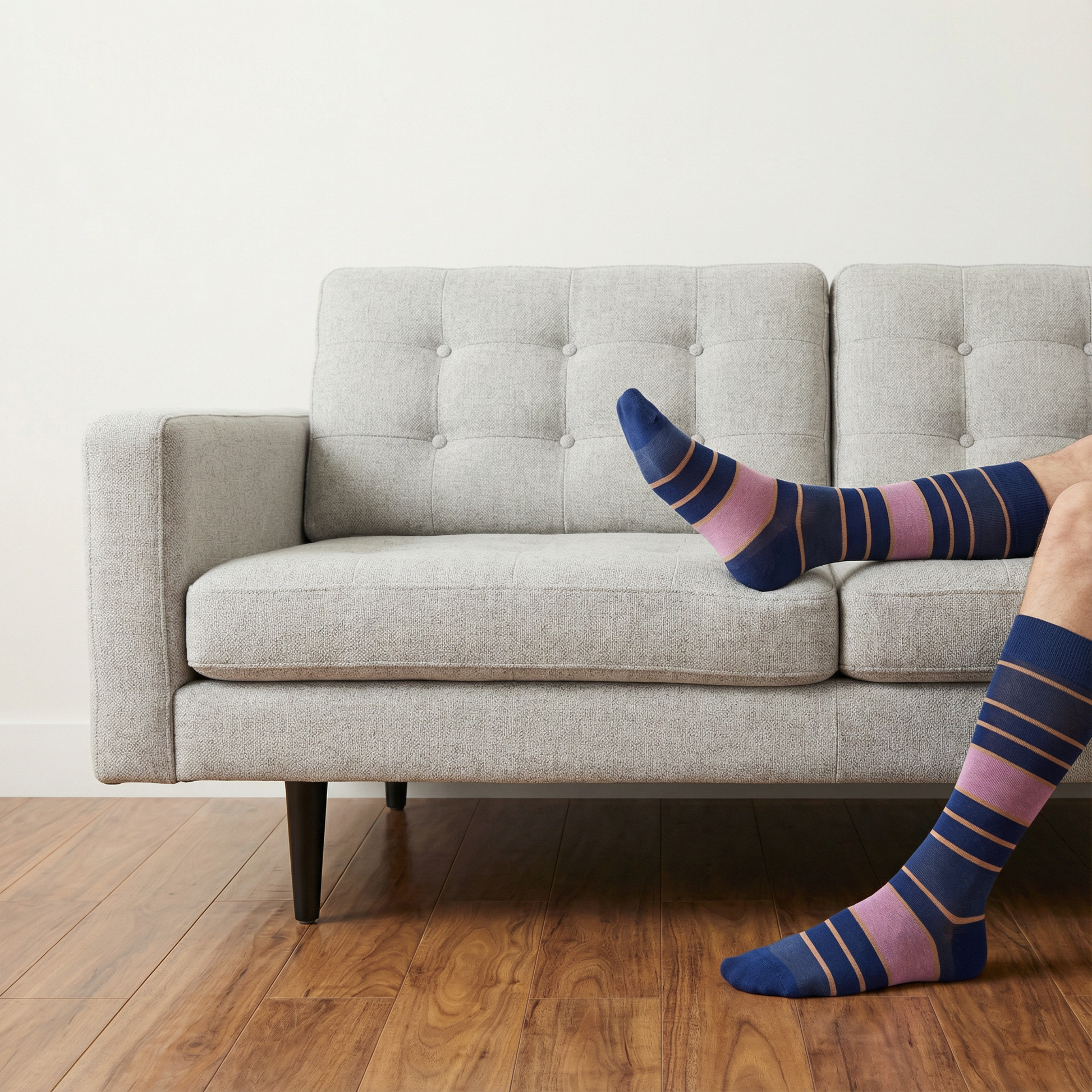 Person wearing striped socks sitting on a gray sofa with wooden floor and white wall background