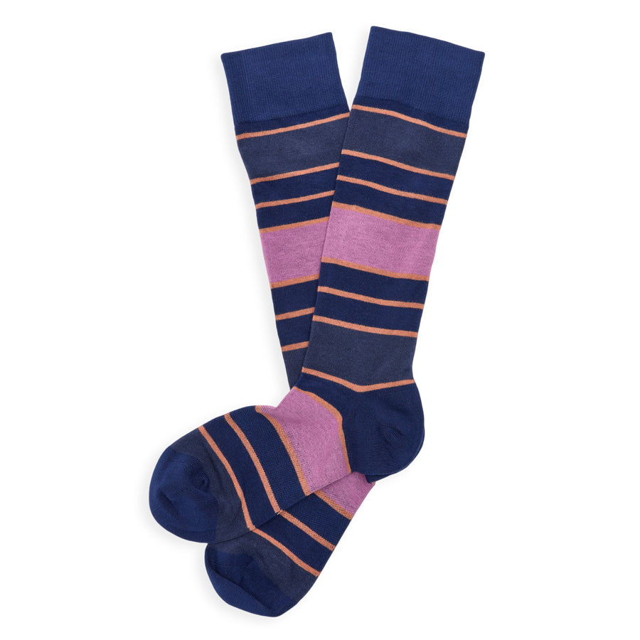 Pair of navy and pink striped socks on a white background