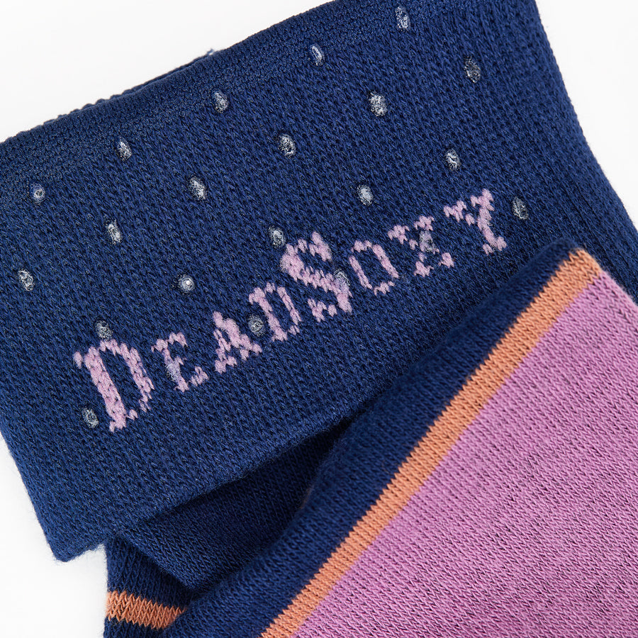 Navy blue sock with pink and orange accents and 'DEADSOX' branding.