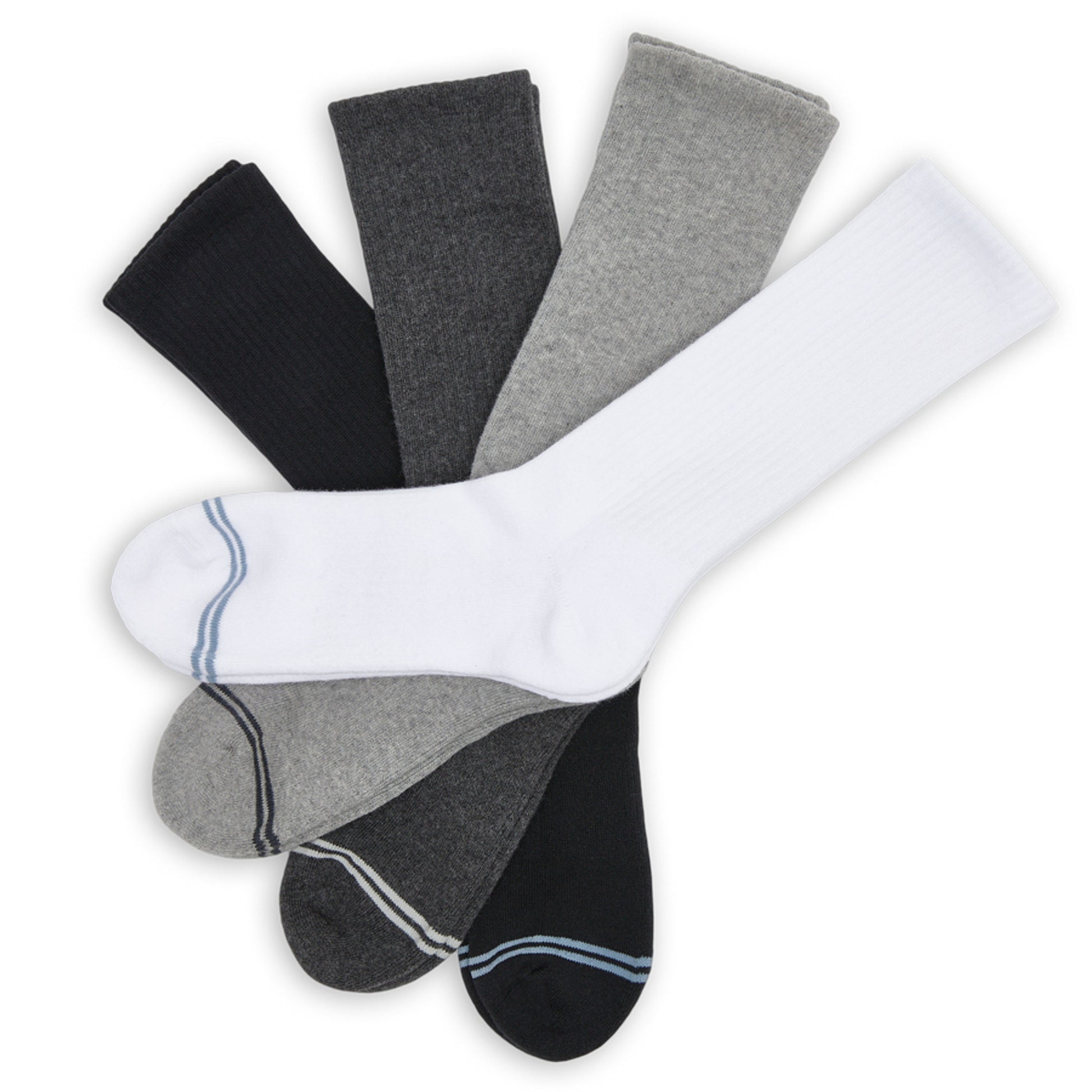 Casual Crew Socks 4-Pack Bundle in white, grey, charcoal, and black, ideal for versatile everyday wear and pairing with a range of shoes.