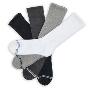 Casual Crew Socks 4-Pack Bundle in white, grey, charcoal, and black, ideal for versatile everyday wear and pairing with a range of shoes.