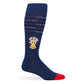 Navy sock with red accents featuring a logo and text on a white background