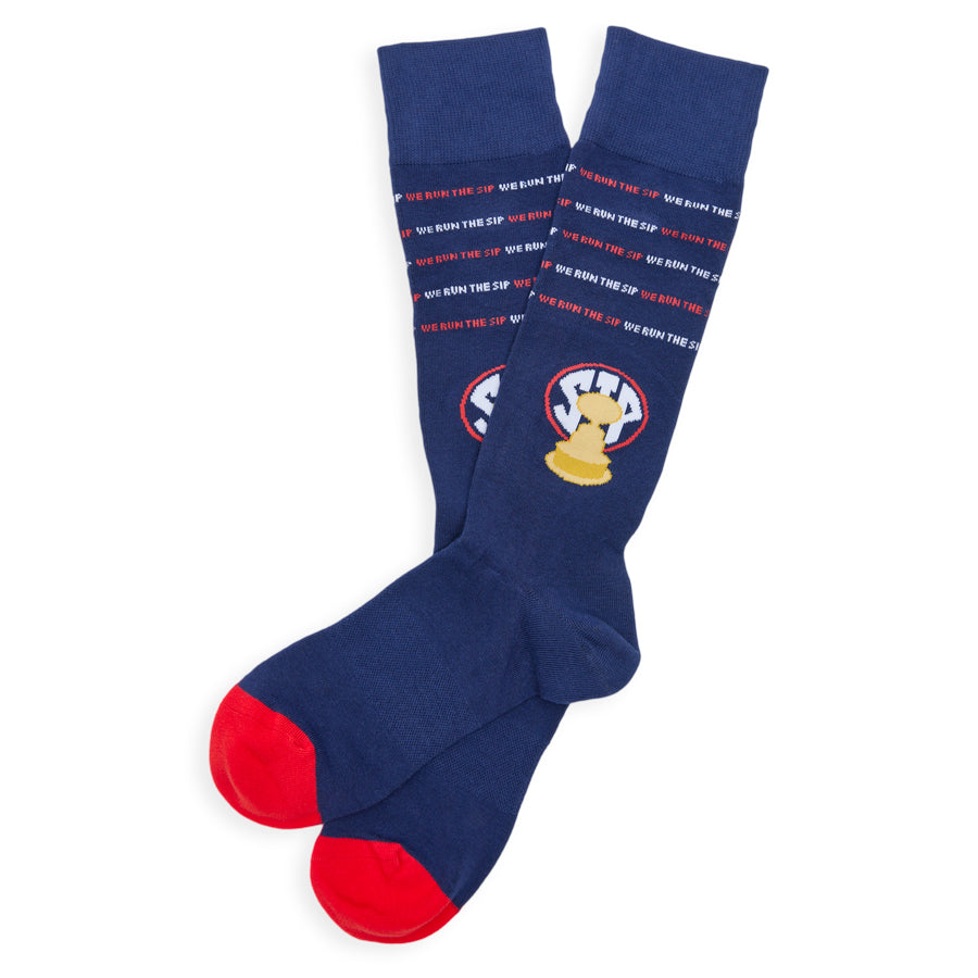 Navy dress socks featuring repeating Egg Bowl Trophy over the SIP icon, shown in a flat-lay product image