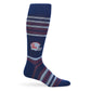 Blue sock with red and gray stripes on a white background