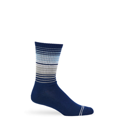 Navy casual crew socks with blue ombre stripe detailing, shown worn and in flat lay photography.
