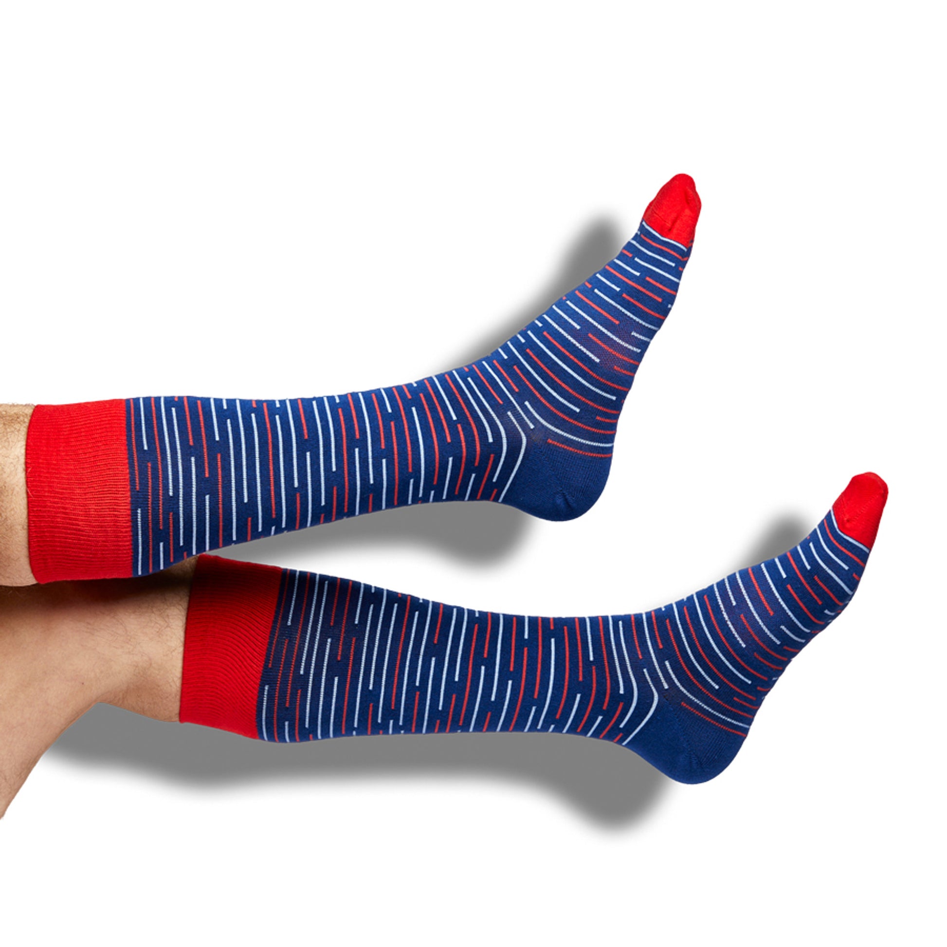 navy stripe dress socks with red and navy accents