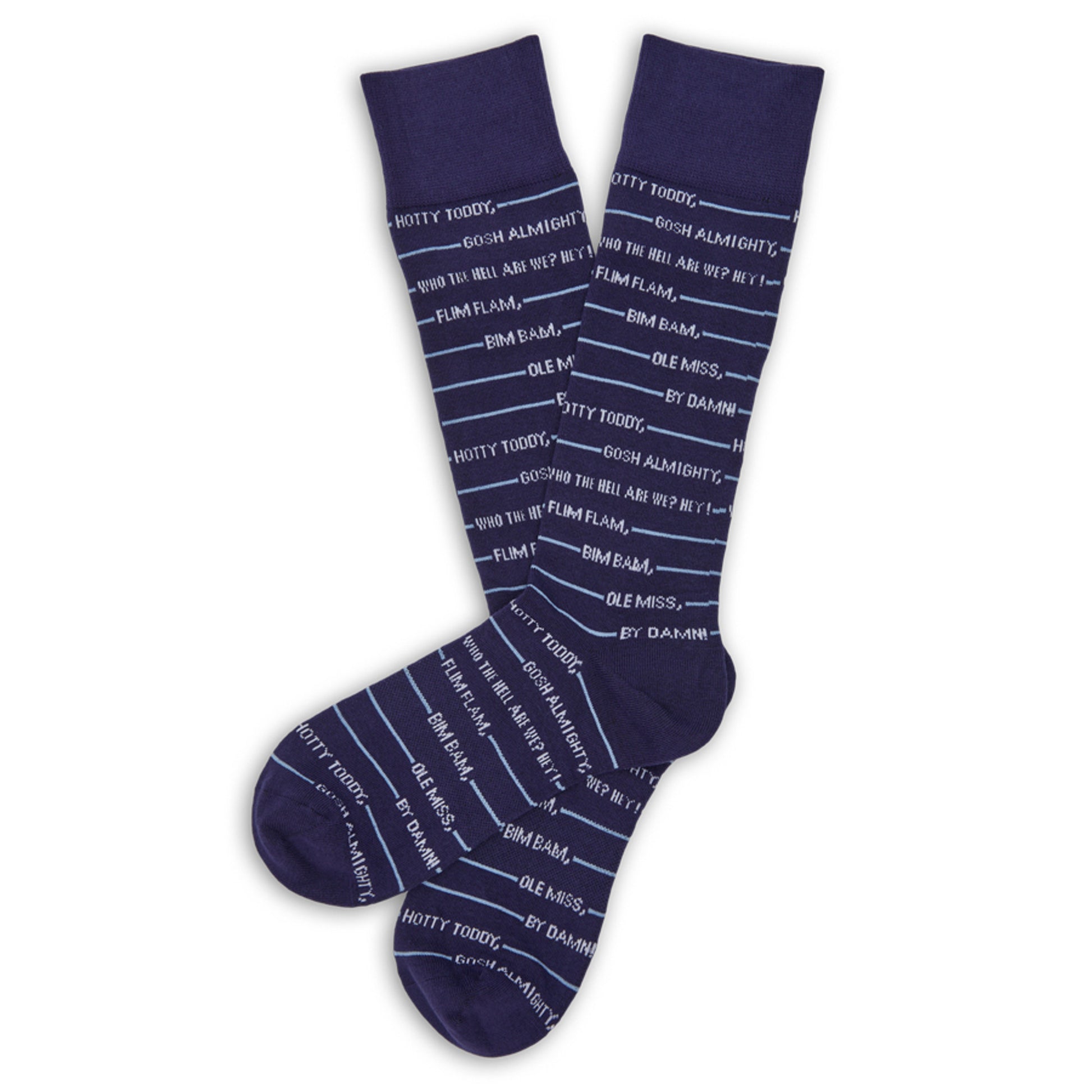 Navy blue stripe dress socks with the full Ole Miss Hotty Toddy chant written out in the stripes laid out flat.