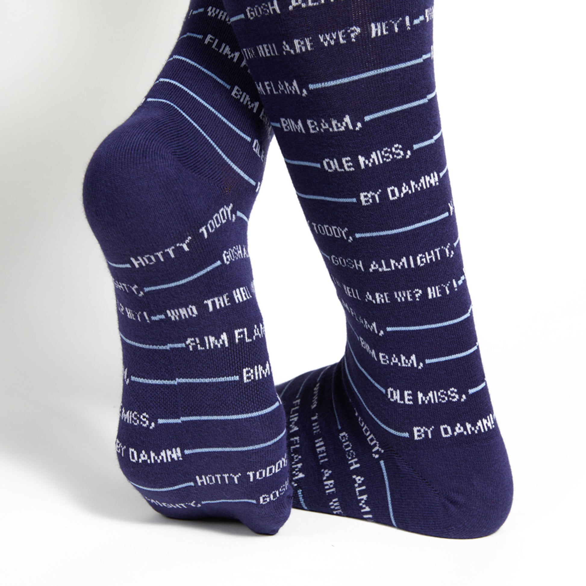 Navy blue stripe dress socks with the full Ole Miss Hotty Toddy chant written out in the stripes.