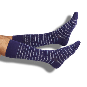 Navy blue stripe dress socks with the full Ole Miss Hotty Toddy chant written out in the stripes.