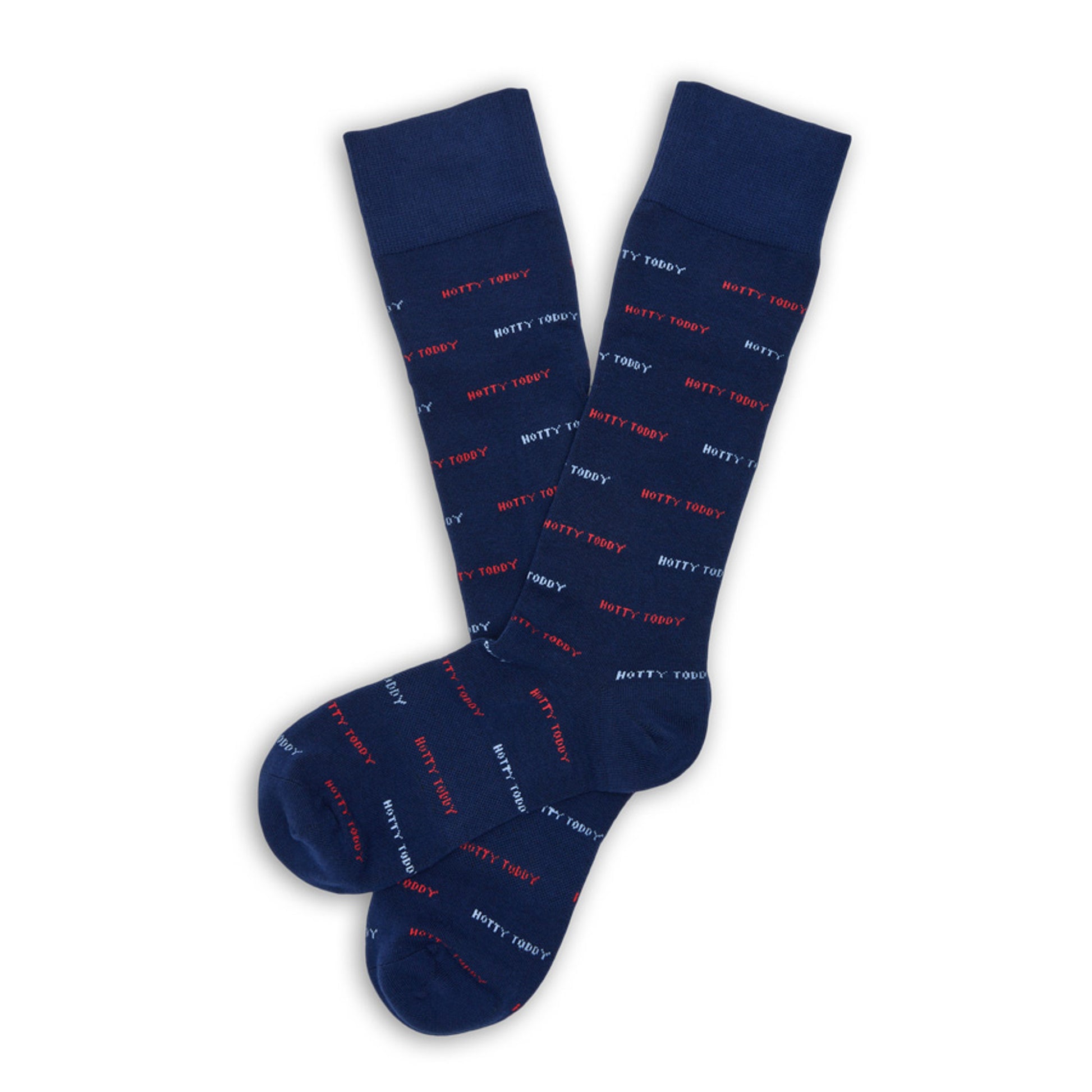 Navy Hotty Toddy Dress Sock with subtle 'Hotty Toddy' text in repeating pattern laid out flat.
