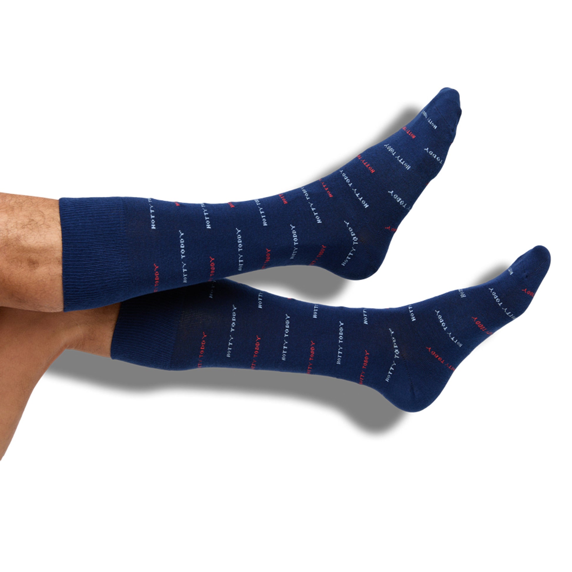 Navy Hotty Toddy Dress Sock with subtle 'Hotty Toddy' text in repeating pattern on legs.