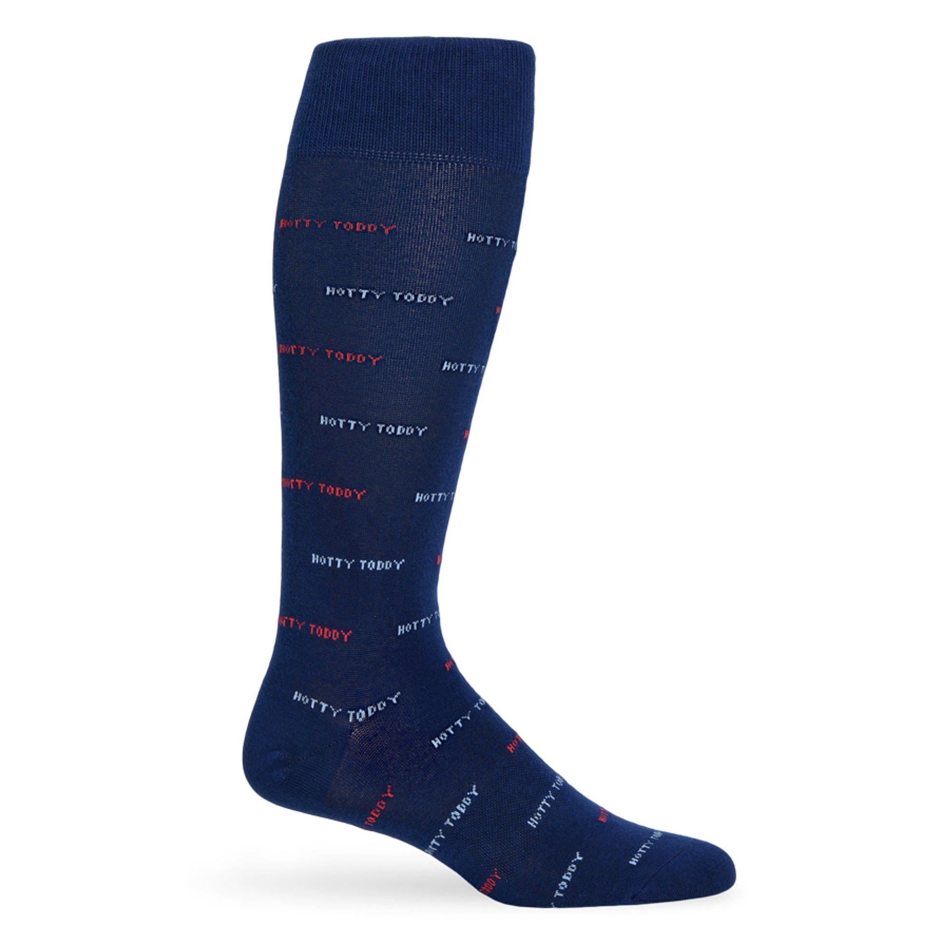 Navy Hotty Toddy Dress Sock with subtle 'Hotty Toddy' text in repeating pattern on mannequin.