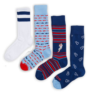 Grove Gameday Sock Collection with white, red, and blue socks in various patterns, embodying the unofficial spirit of Ole Miss game days.