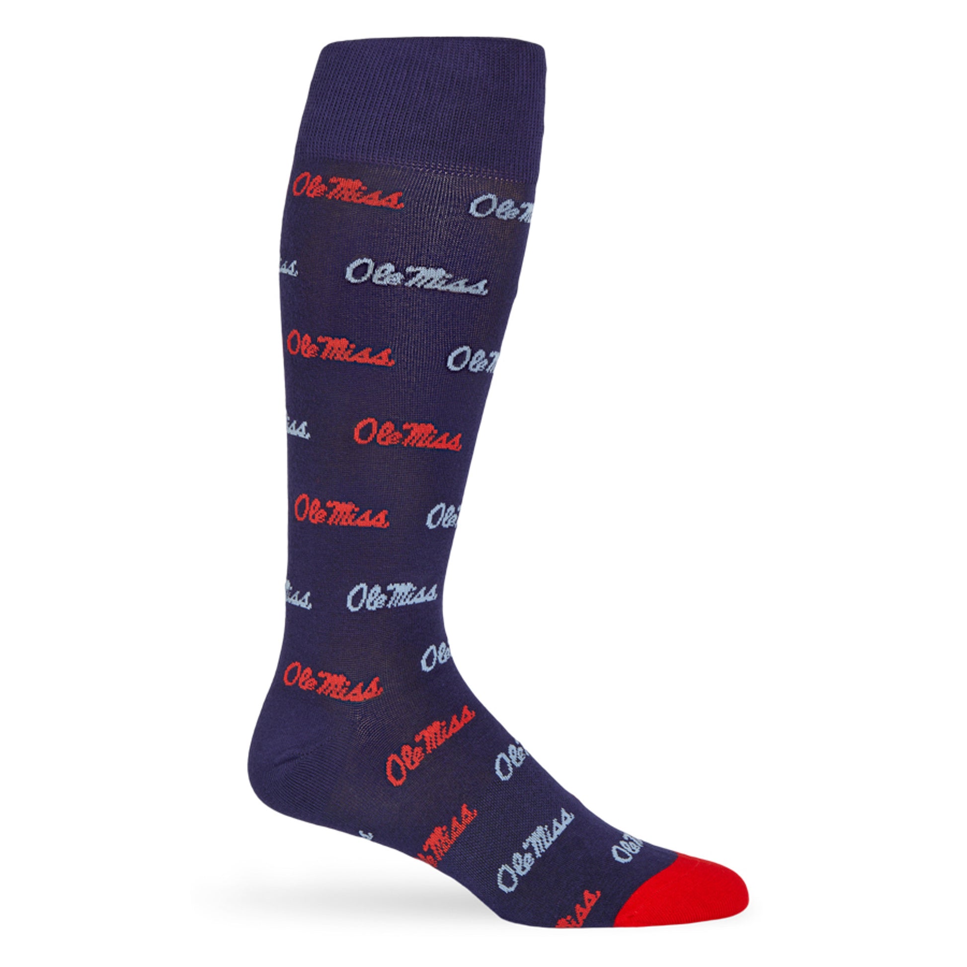 Licensed navy blue dress socks with the Ole Miss script logo in red and powder blue blue in repeating pattern shown on mannequin.