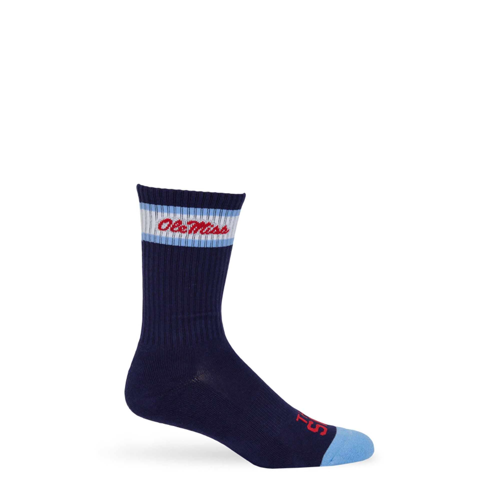 Navy casual crew socks with Ole Miss script on the side of the calf shown on mannequin.