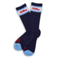 Navy casual crew socks with Ole Miss script on the side of the calf shown laid flat.