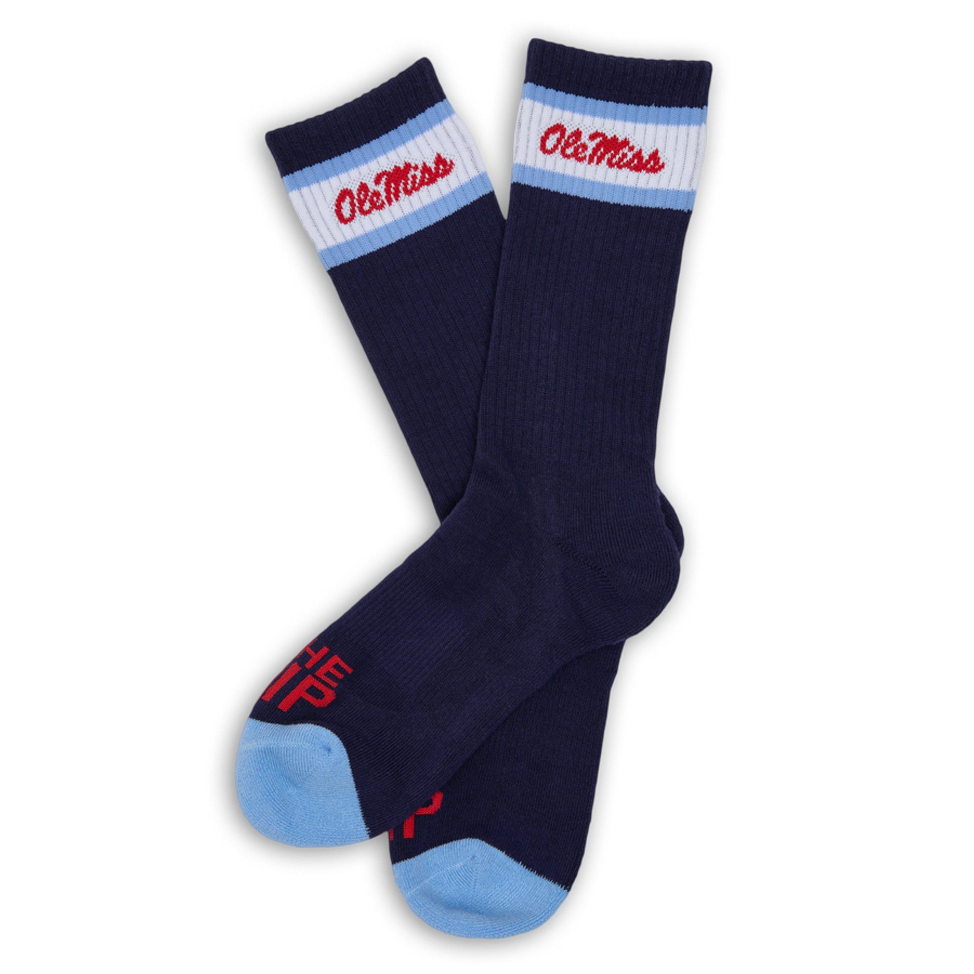 Navy casual crew socks with Ole Miss script on the side of the calf shown laid flat.