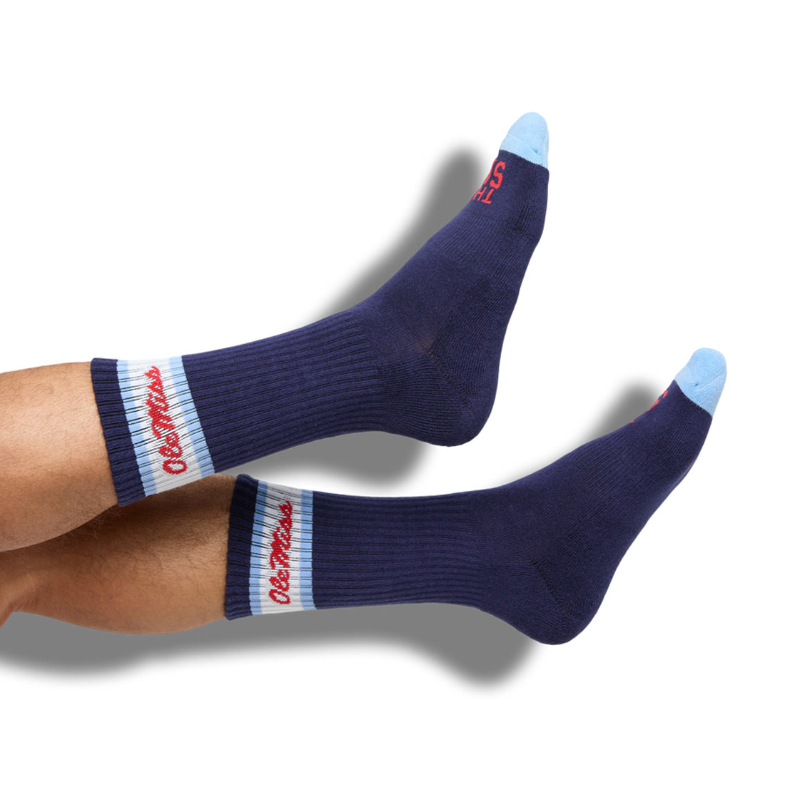 navy casual crew socks with retro stripes and Ole Miss script on the calf