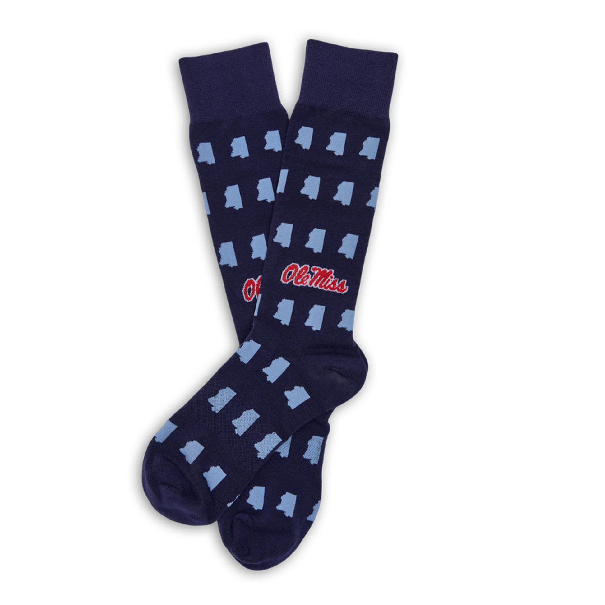 Ole Miss Powder Blue Dress Socks 2-Pack with Mississippi state outlines and Ole Miss logo laid out flat.