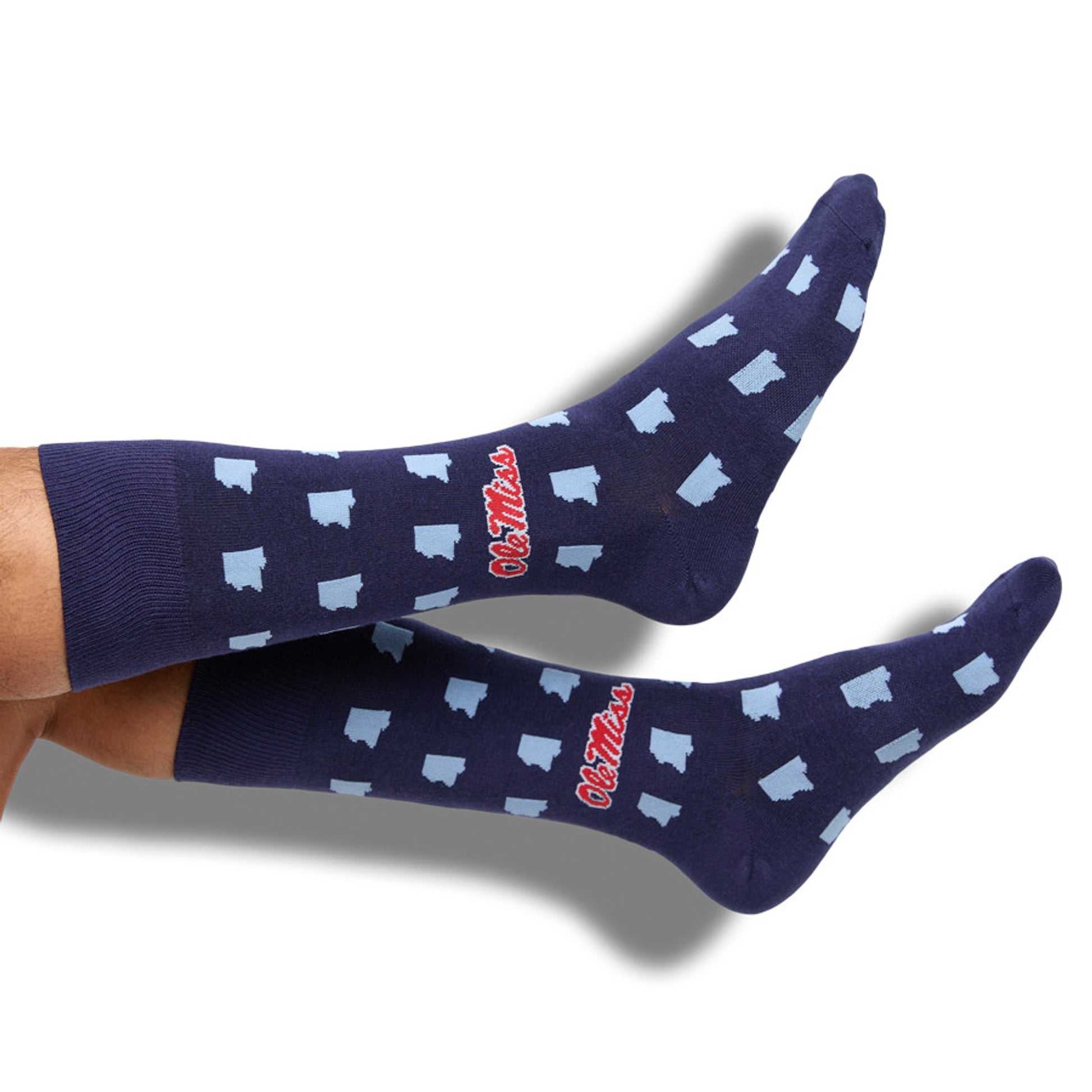Ole Miss Navy Dress Socks 2-Pack with Mississippi state outlines and Ole Miss logo on model.