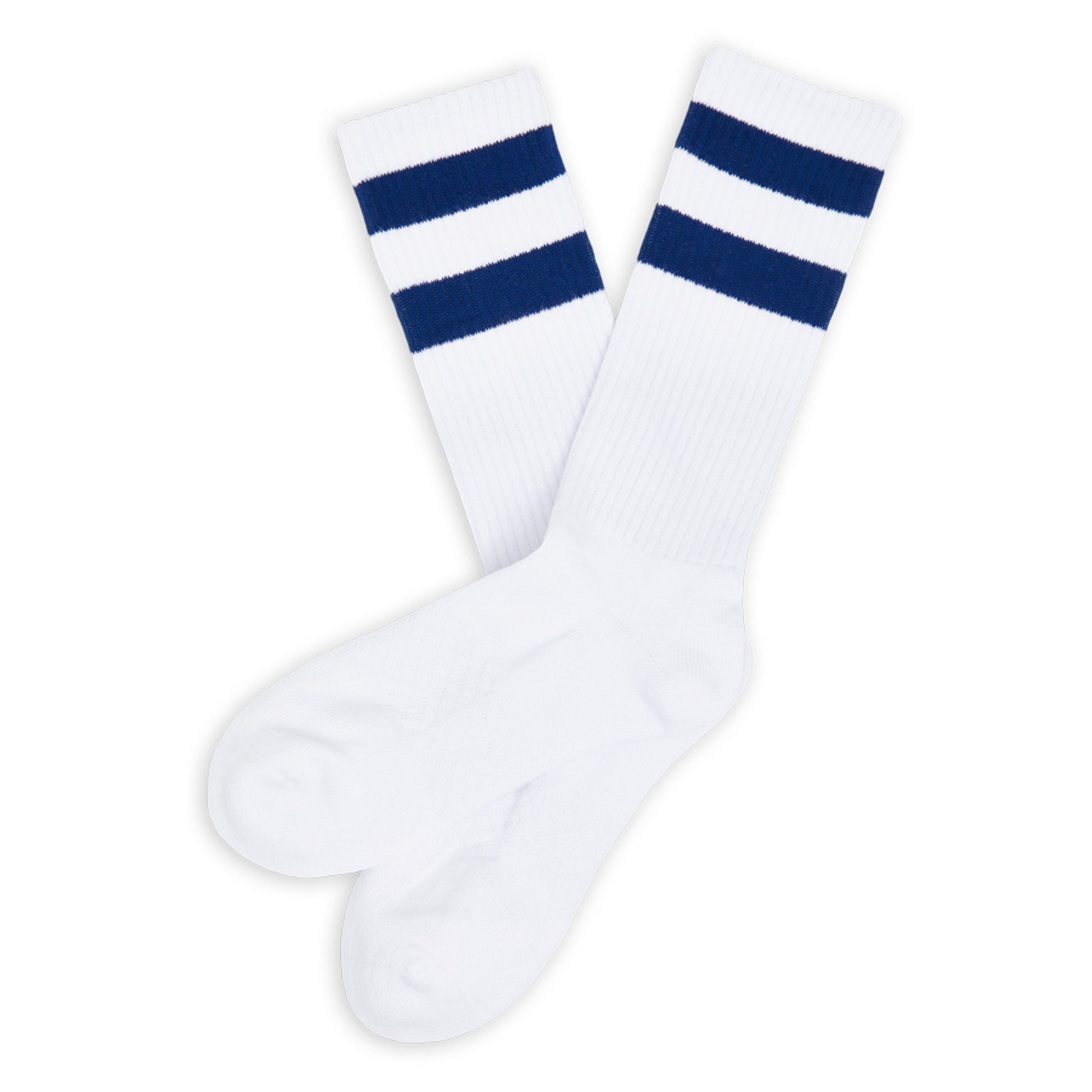 Casual socks with 3 retro stripes in navy on the calf.