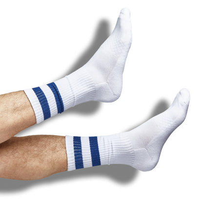 Casual socks with 2 navy retro stripes shown on leg