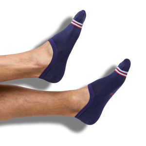 Navy no show socks with red, white and blue stripe on the toe