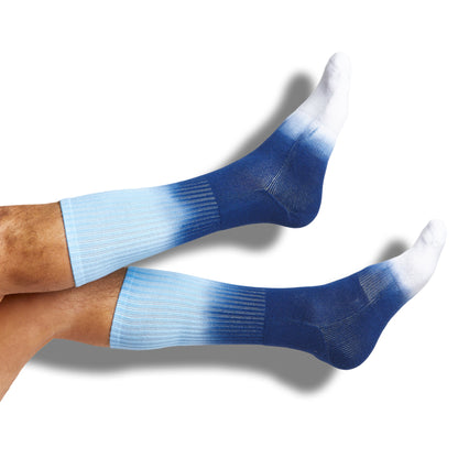 powder blue and navy dip-dyed casual socks shown on legs