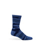 Side profile of Navy Sip Camo Crew Sock on foot, highlighting camo knit pattern and ribbed cuff.