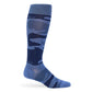 Blue camo dress socks with The Sip embedded in the design.