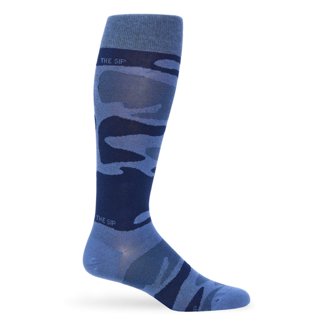Blue camo dress socks with The Sip embedded in the design.