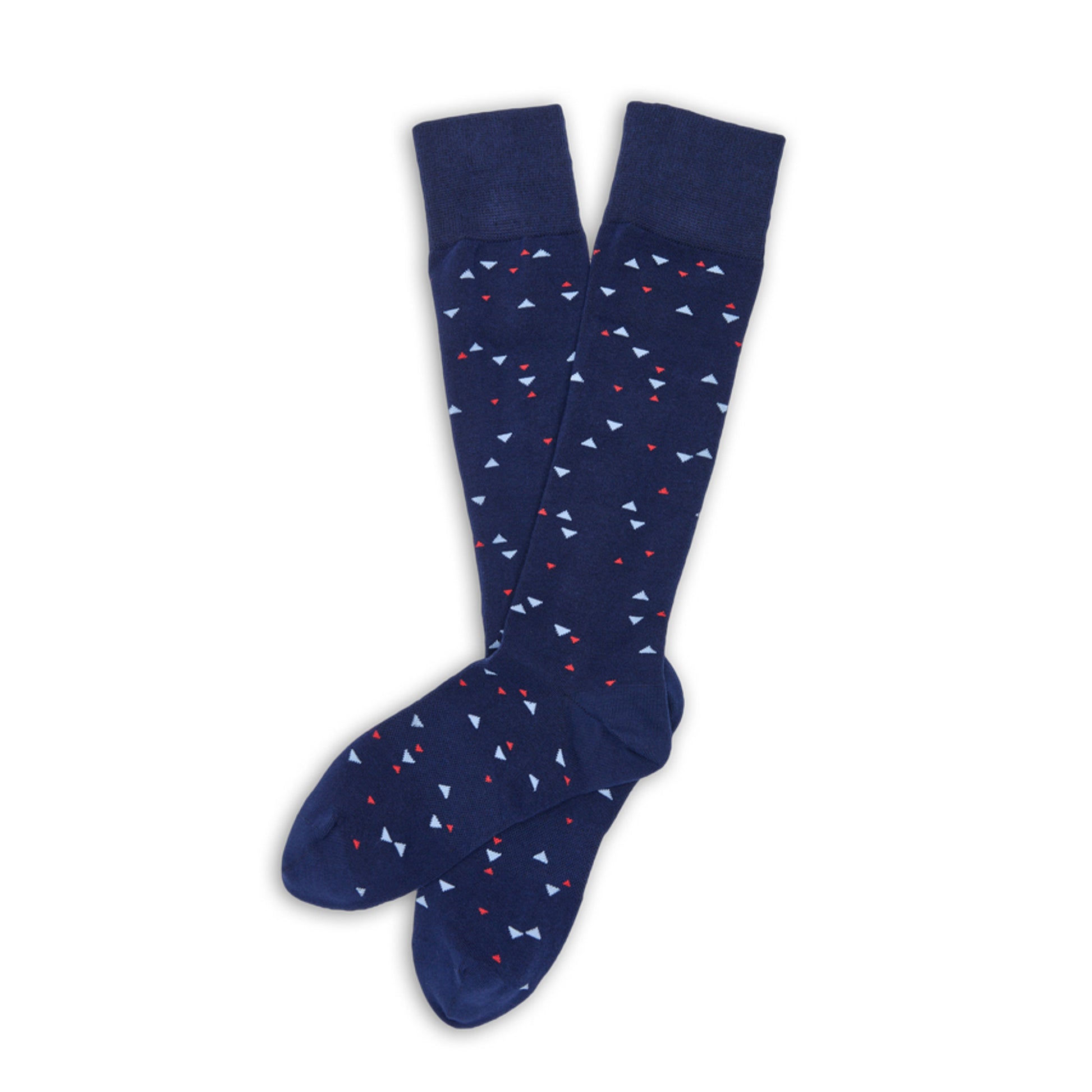 Powder blue and navy stripe dress socks with red accents