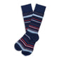 Stripe Navy dress socks with light blue and red accent stripes laid out flat.