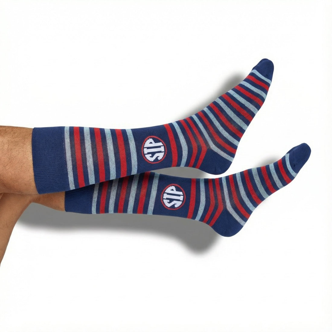 Navy and powder-blue striped dress socks with the SIP on the ankle — side view
