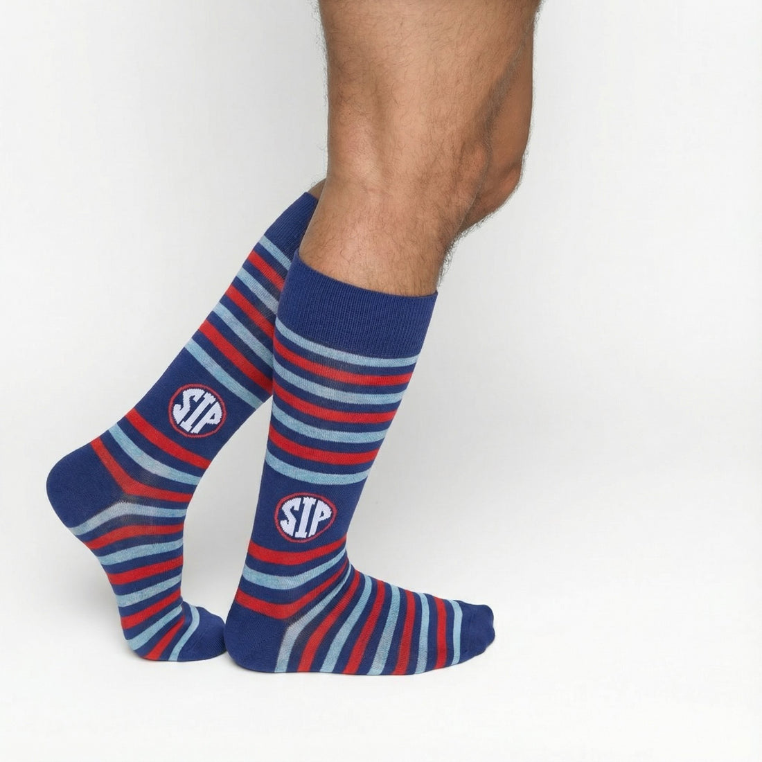 Blue and red striped SIP socks with a logo on a white background